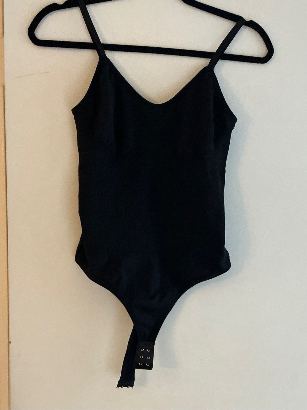 Black V-Neck Camisole Thong Bodysuit with Hook-and-Eye Closure